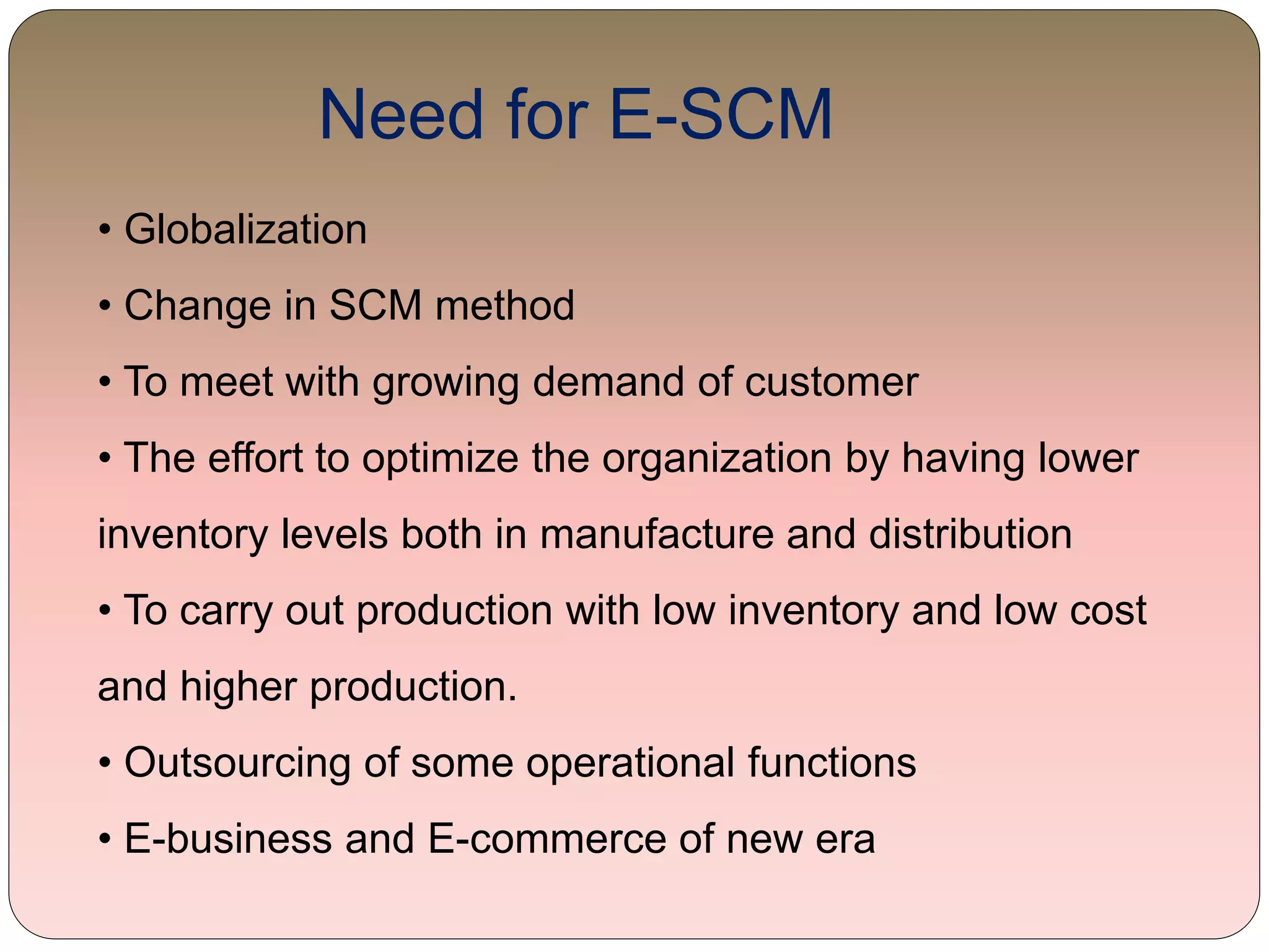 Need for E-SCM
• Globalization
• Change in SCM method
• To meet with growing demand of customer
• The effort to optimize the organization by having lower
inventory levels both in manufacture and distribution
• To carry out production with low inventory and low cost
and higher production.
• Outsourcing of some operational functions
• E-business and E-commerce of new era
 