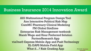 Business Insurance 2014 Innovation Award
Источник: Business
Insurance
AIG Multinational Program Design Tool
Aon Interactive Political Risk Map
CareMC Pharmacy Clinical Modeling
FM Global SimZone
Enterprise Risk Management textbook
Marsh Wage and Hour Preferred Solution
PartnerResearch App
viaOne® Express Mobile App and Push Technology
XL GAPS Mobile Field App
What if...? Risk Grading App
 