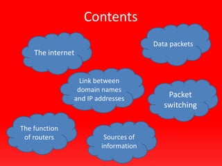 Contents
The internet
Data packets
Link between
domain names
and IP addresses
The function
of routers Sources of
information
Packet
switching
 