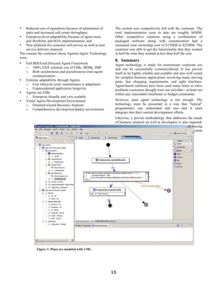 •   Reduced cost of operations because of automation of    The system was competitively bid with the customer. The
    tasks and increased call center throughput;            total implementation costs to date are roughly $6MM.
• Enterprise-level adaptability because of agent reuse     Other competitive solutions using a combination of
    and flexibility and SOA implementation; and            packaged software along with customization had a
• New platform for customer self-service as well as new    estimated total ownership cost of $15MM to $25MM. The
    service delivery channels                              customer was able to get the functionality that they wanted
The reasons the customer chose Agentis/Agent Technology    in half the time they wanted at less than half the cost.
were:
                                                           8. Summary
•   Full BDI/Goal Directed Agent Framework                 Agent technology is ready for mainstream corporate use
    o 100% J2EE solution; use of EJBs, MDBs, JMS           and can be successfully commercialized. It has proven
    o Both synchronous and asynchronous inter-agent        itself to be highly reliable and scalable and also well suited
         communication                                     for complex business applications involving many moving
•   Extreme adaptability through Agents                    parts, fast changing requirements, and tight timelines.
    o Low lifecycle costs: maintenance is adaptation       Agent-based solutions have been used many times to solve
    o Unprecedented application longevity                  problems customers thought were not solvable—at least not
•   Agents are EJBs                                        within any reasonable timeframe or budget constraints.
    o Enterprise friendly and very scalable
•   Visual Agent Development Environment                   However, pure agent technology is not enough. The
    o Oriented toward Business Analysts                    technology must be presented in a way that “typical”
    o Comprehensive develop/test/deploy environment        programmers can understand and use—and it must
                                                           integrate into their current development efforts.
                                                           Likewise, a proven methodology that addresses the needs
                                                           of business analysts as well as developers is also required.
                                                           One of the primary benefits of agent technology is reducing
                                                           the complexity of not only the programming of the system
                                                           but also the understanding and modeling of the system.




          Figure 3: Plans are modeled with UML.




                                                          15
 