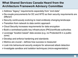 What Shared Services Canada Heard from the
Architecture Framework Advisory Committee
Address “legacy” requirements separately from “end state”
De-couple procurements for DC and WTD as their security requirements are
different
Security continuously evolving to meet endlessly changing landscape
Transition from network to data centric approach
Cloud Security increases requirements for data encryption
Build a centralised public key infrastructure (PKI)/certificate authorities
Leverage “location based” data access (e.g. no Protected B in a public
zone)
Develop and enforce hardening and standards
Metrics are crucial – defines how success is measured
Look into behavioural security analysis for advanced attack detection
Investigate sandbox and isolation techniques (micro-segmentation)
7
 