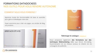 11
FORMATIONS DATADOCKEES
NOS OUTILS POUR VOUS RENDRE AUTONOME
COMMENT NOUS VOUS FORMONS ?
Apprenez toutes les fonctionnalités de base et avancées
pour gérer et développer votre site.
Soyez autonome pour créer vos pages, vos articles de blog,
vos produits…
Nous proposons également des formations sur des
techniques Webmarketing telles que l’envoi d’e-mailing,
l’automatisation de vos réseaux sociaux, la création de vos
campagnes de publicités.
Télécharger le catalogue : cliquez ici
 
