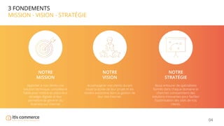 04
3 FONDEMENTS
MISSION - VISION - STRATÉGIE
NOTRE
MISSION
Apporter à nos clients une
solution technique, complète et
ﬁable pour mettre en place leur
stratégie digitale et leur
permettre de générer du
business sur internet
NOTRE
VISION
Accompagner nos clients durant
toute la durée de leur projet et les
rendre autonome dans la gestion de
leur site internet.
NOTRE
STRATÉGIE
Nous entourer de spécialistes
formés dans chaque domaine et
chercher constamment des
solutions innovantes pour faciliter
l’optimisation des sites de nos
clients.
 