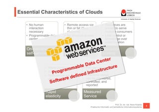 Essential Characteristics of Clouds

   •  No human              •  Remote access via           •  Resources are
      interaction              thin or fat client             pooled to serve
      necessary                platforms                      multiple consumers
   •  Programmable data     •  No physical access          •  Little control or
      center                                                  knowledge over
                                                              exact location

   On-demand                Network                         Resource
   self-service             access                          pooling

                                                    C enter
                                            Data
               •  Rapid provisioning able Pay-per-use cture
                               amm
                                         • 
                           gr                      a s tr u
                      Pro are            d Infr
               •  Autoscaling               business model
                                        e•  Resource usage
               •  Ressources
                  virtuallyware    defin can be monitored,
                           unlimited
                   S  oft                   controlled, and
                                           reported

               Rapid                     Measured
               elasticity                Service

                                                                          Prof. Dr. rer. nat. Nane Kratzke
                                                                                                             4
                                              Praktische Informatik und betriebliche Informationssysteme
 