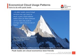 Economical Cloud Usage Patterns
have to do with peak loads

     „In other words, even if cloud
     services cost, say, twice as
     much, a pure cloud solution
     makes sense for those demand
     curves where the peak-to-
     average ratio is two-to-one or
     higher.“




     Weinman, Mathematical Proof of
     the Inevitability of Cloud
     Computing, 2011




    http://www.joeweinman.com/Resources/Joe_Weinman_Inevitability_Of_Cloud.pdf

   Peak loads are cloud economics best friends
                                                                                 Prof. Dr. rer. nat. Nane Kratzke
                                                                                                                    6
                                                     Praktische Informatik und betriebliche Informationssysteme
 