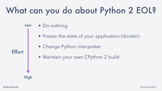 @SebaWitowski bit.ly/it-is-2019
• Do nothing
• Freeze the state of your application (docker)
• Change Python interpreter
• Maintain your own CPython 2 build
• Migrate to Python 3
• Rewrite you application
Low
High
Effort
What can you do about Python 2 EOL?
 