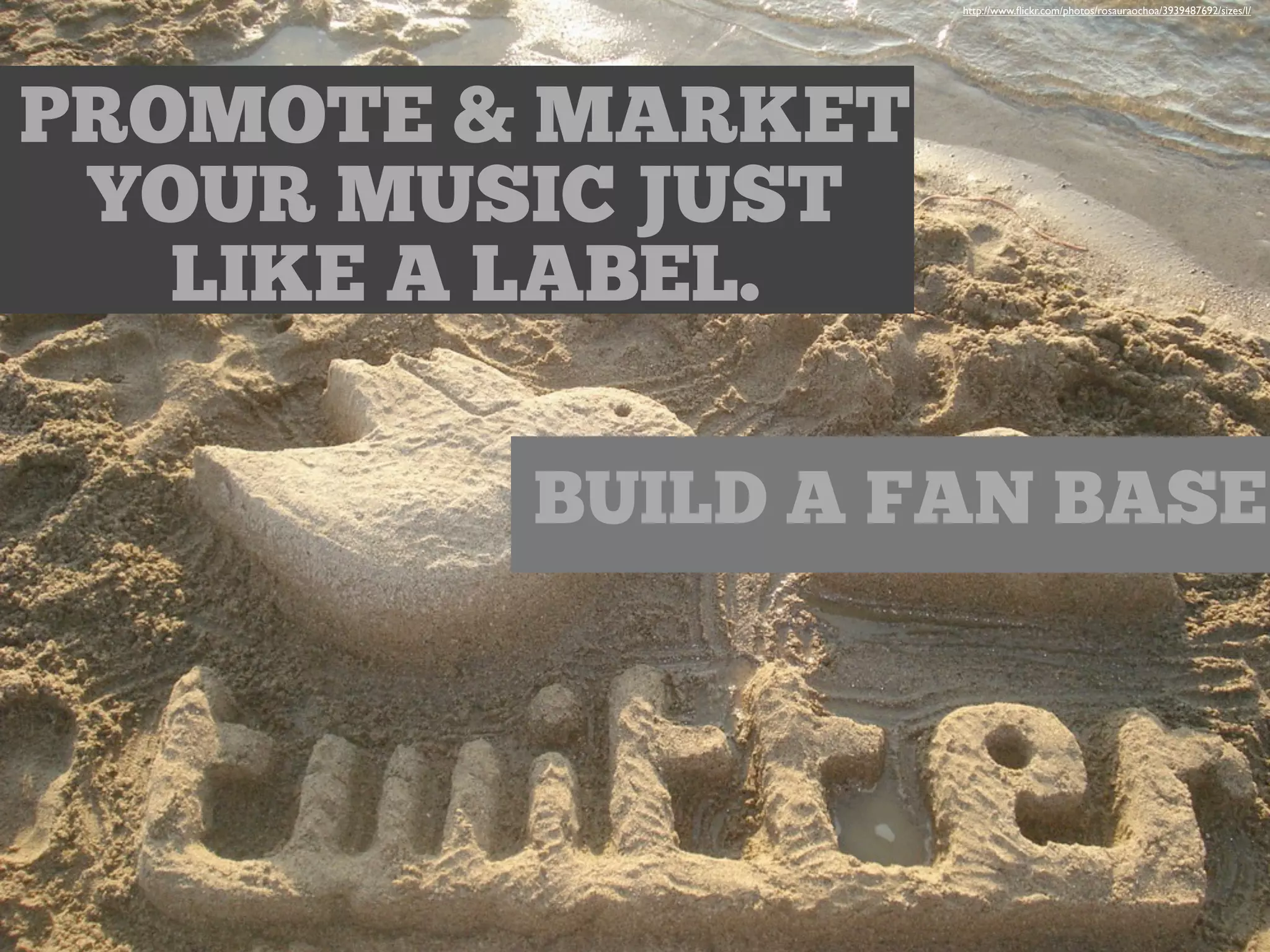 PROMOTE & MARKET
YOUR MUSIC JUST
LIKE A LABEL.
http://www.ﬂickr.com/photos/rosauraochoa/3939487692/sizes/l/
BUILD A FAN BASE
 