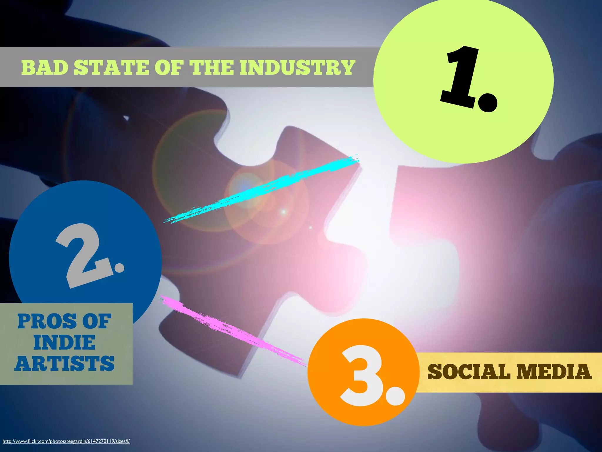http://www.ﬂickr.com/photos/teegardin/6147270119/sizes/l/
2.
SOCIAL MEDIA
3.
BAD STATE OF THE INDUSTRY
1.
PROS OF
INDIE
ARTISTS
 
