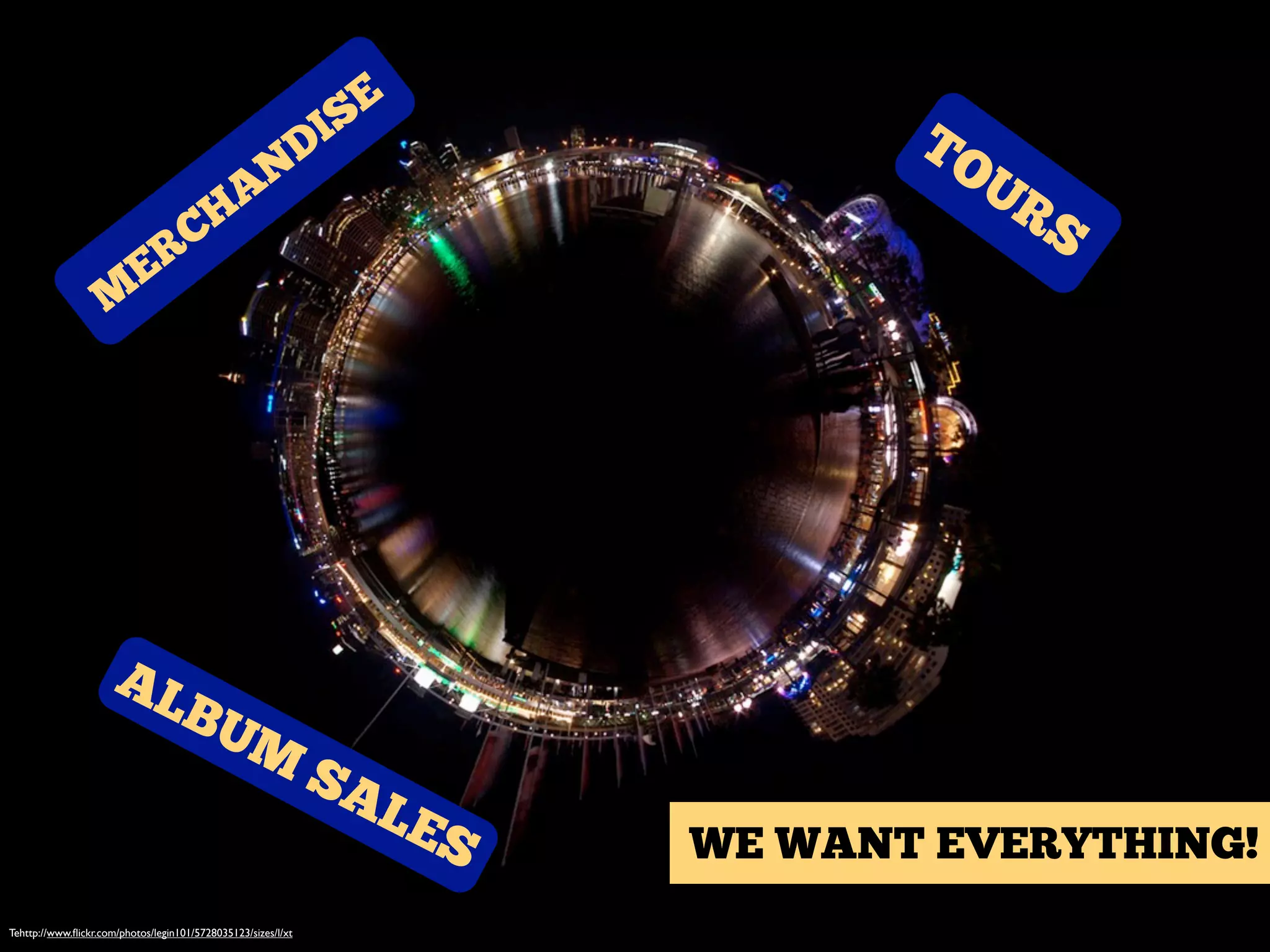 Tehttp://www.ﬂickr.com/photos/legin101/5728035123/sizes/l/xt
WE WANT EVERYTHING!
M
ERCHA
N
DISE
TOURS
ALBUM
SALES
 