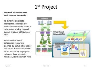 1st Project 
Network Virtualization– 
Multi-Tenant Networks 
To dynamically create 
segregated topologically-equivalent 
networks across a 
datacenter, scaling beyond 
typical limits of VLANs today 
at 4K 
Better utilization of 
datacenter resources, 
claimed 20-30% better use of 
resources. Faster turnaround 
times in creating segregated 
network, from weeks to 
minutes via automation APIs. 
9/1/2014 SDN 101 123 
 