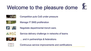 Welcome to the pleasure dome
Competition puts CoS under pressure
Manage IT SMS proliferation
Service delivery challenge in networks of teams
Negotiate departmental trench wars
… and in partnerships & federations
Continuous service improvements and certifications
 