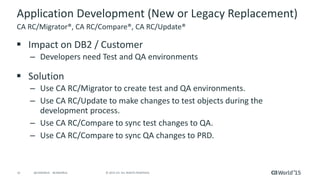 10 © 2015 CA. ALL RIGHTS RESERVED.@CAWORLD #CAWORLD
Application Development (New or Legacy Replacement)
 Impact on DB2 / Customer
– Developers need Test and QA environments
 Solution
– Use CA RC/Migrator to create test and QA environments.
– Use CA RC/Update to make changes to test objects during the
development process.
– Use CA RC/Compare to sync test changes to QA.
– Use CA RC/Compare to sync QA changes to PRD.
CA RC/Migrator®, CA RC/Compare®, CA RC/Update®
 