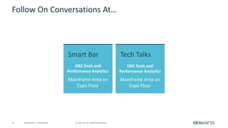 23 © 2015 CA. ALL RIGHTS RESERVED.@CAWORLD #CAWORLD
Follow On Conversations At…
Smart Bar
DB2 Tools and
Performance Analytics
Mainframe Area on
Expo Floor
Tech Talks
DB2 Tools and
Performance Analytics
Mainframe Area on
Expo Floor
 