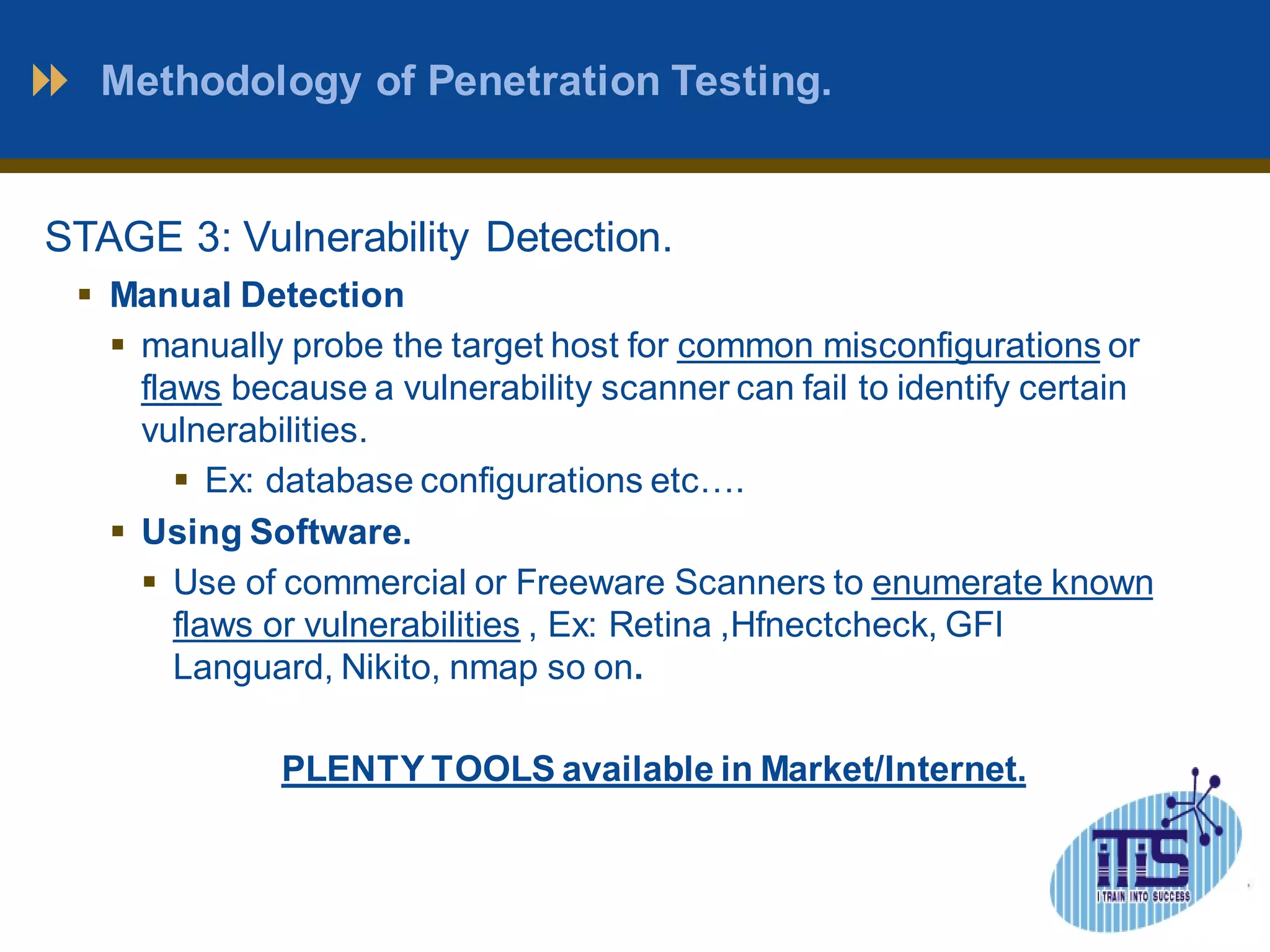 Methodology of Penetration Testing. 
STAGE 3: Vulnerability Detection. 
 Manual Detection 
 manually probe the target host for common misconfigurations or 
flaws because a vulnerability scanner can fail to identify certain 
vulnerabilities. 
 Ex: database configurations etc…. 
 Using Software. 
 Use of commercial or Freeware Scanners to enumerate known 
flaws or vulnerabilities , Ex: Retina ,Hfnectcheck, GFI 
Languard, Nikito, nmap so on. 
PLENTY TOOLS available in Market/Internet. 
 