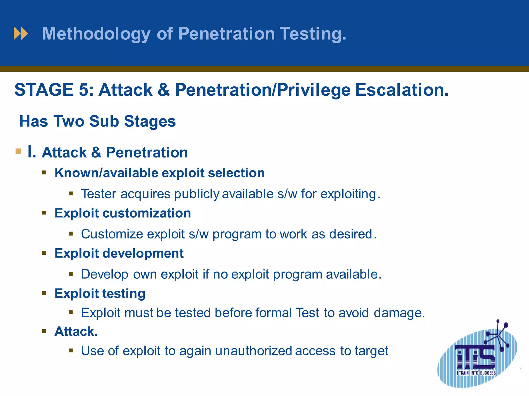 Methodology of Penetration Testing. 
STAGE 5: Attack & Penetration/Privilege Escalation. 
Has Two Sub Stages 
 I. Attack & Penetration 
 Known/available exploit selection 
 Tester acquires publicly available s/w for exploiting. 
 Exploit customization 
 Customize exploit s/w program to work as desired. 
 Exploit development 
 Develop own exploit if no exploit program available. 
 Exploit testing 
 Exploit must be tested before formal Test to avoid damage. 
 Attack. 
 Use of exploit to again unauthorized access to target 
 
