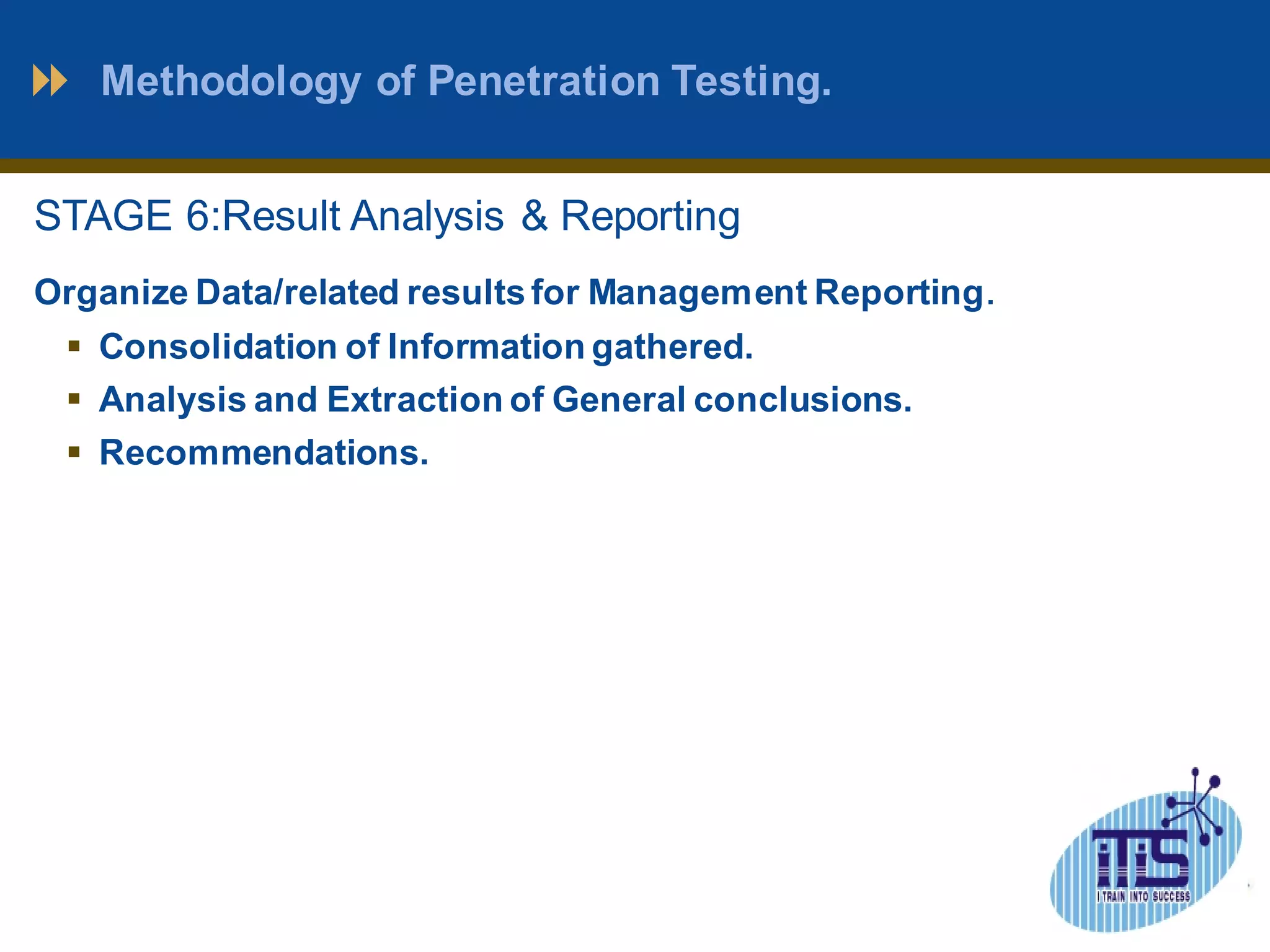 Methodology of Penetration Testing. 
STAGE 6:Result Analysis & Reporting 
Organize Data/related results for Management Reporting. 
 Consolidation of Information gathered. 
 Analysis and Extraction of General conclusions. 
 Recommendations. 
 