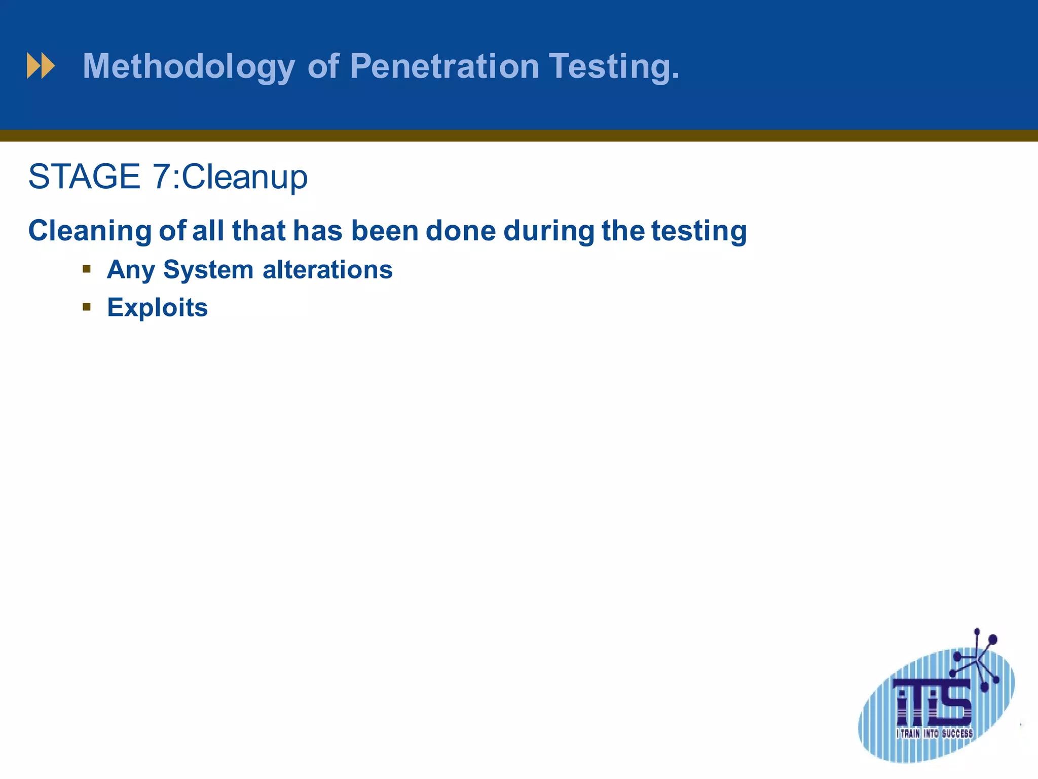 Methodology of Penetration Testing. 
STAGE 7:Cleanup 
Cleaning of all that has been done during the testing 
 Any System alterations 
 Exploits 
 