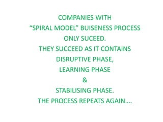 COMPANIES WITH
“SPIRAL MODEL” BUISENESS PROCESS
ONLY SUCEED.
THEY SUCCEED AS IT CONTAINS
DISRUPTIVE PHASE,
LEARNING PHASE
&
STABILISING PHASE.
THE PROCESS REPEATS AGAIN….
 