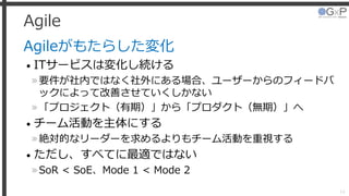 Agile
Agileがもたらした変化
• ITサービスは変化し続ける
»要件が社内ではなく社外にある場合、ユーザーからのフィードバ
ックによって改善させていくしかない
»「プロジェクト（有期）」から「プロダクト（無期）」へ
• チーム活動を主体にする
»絶対的なリーダーを求めるよりもチーム活動を重視する
• ただし、すべてに最適ではない
»SoR < SoE、Mode 1 < Mode 2
14
 