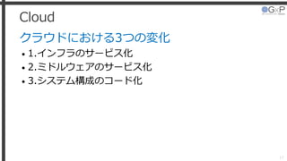 Cloud
クラウドにおける3つの変化
• 1.インフラのサービス化
• 2.ミドルウェアのサービス化
• 3.システム構成のコード化
17
 