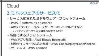 Cloud
2.ミドルウェアのサービス化
• サービス化されたミドルウェア＝プラットフォーム
»PaaS（Platform as a Service）
»AWS RDSはデータベースサーバーのレンタルではない
▸バックアップもクラスタ構成も設定するだけ
• 高度化するプラットフォーム
»Webアプリ基盤：AWS Elastic Beanstalk
»開発ライフサイクル込み基盤：AWS CodeDeploy/CodePipeline
»サーバレス：AWS Lambda
19
 