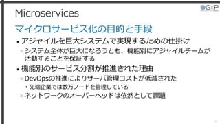 Microservices
マイクロサービス化の目的と手段
• アジャイルを巨大システムで実現するための仕掛け
»システム全体が巨大になろうとも、機能別にアジャイルチームが
活動することを保証する
• 機能別のサービス分割が推進された理由
»DevOpsの推進によりサーバ管理コストが低減された
▸先端企業では数万ノードを管理している
»ネットワークのオーバーヘッドは依然として課題
34
 