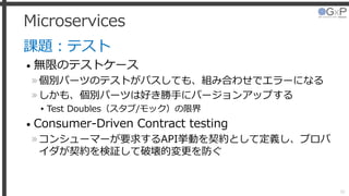 Microservices
課題：テスト
• 無限のテストケース
»個別パーツのテストがパスしても、組み合わせでエラーになる
»しかも、個別パーツは好き勝手にバージョンアップする
▸Test Doubles（スタブ/モック）の限界
• Consumer-Driven Contract testing
»コンシューマーが要求するAPI挙動を契約として定義し、プロバ
イダが契約を検証して破壊的変更を防ぐ
38
 