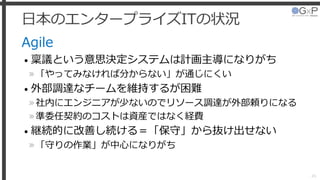 日本のエンタープライズITの状況
Agile
• 稟議という意思決定システムは計画主導になりがち
»「やってみなければ分からない」が通じにくい
• 外部調達なチームを維持するが困難
»社内にエンジニアが少ないのでリソース調達が外部頼りになる
»準委任契約のコストは資産ではなく経費
• 継続的に改善し続ける＝「保守」から抜け出せない
»「守りの作業」が中心になりがち
45
 