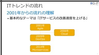ITトレンドの流れ
2001年からの流れの理解
• 基本的なテーマは「ITサービスの改善速度を上げる」
4
2001年
Agile
2009年
DevOps
2006年
Cloud
2014年
Microservices
 