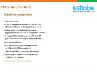 NDIA’S ADVANTAGESIT & ITeS • December 2008
India:Value proposition
Cost advantage
• Cost of an engineer is about 20 – 40 per cent
of comparable cost in European Union (EU)
• Selling, general and administrative costs
approximately 80 per cent of comparable cost in EU
• Average offshore billing rate of US$ 20 to 35
per hour; about 50 to 70 per cent lower than EU
Ease of scalability
• 6,75,000 technical graduates per annum,
of which 4,00,000 are engineers
• Over 50,000 MBAs graduating per annum
• Leading firms add more than 10,000 new
employees per annum
Global and 24/7 delivery capability
 