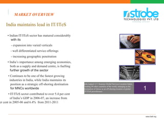 India maintains lead in IT/ITeS
• Indian IT/ITeS sector has matured considerably
with its
- expansion into varied verticals
- well differentiated service offerings
- increasing geographic penetration
• India’s importance among emerging economies,
both as a supply and demand centre, is fuelling
further growth of the sector
• Continues to be one of the fastest growing
industries in India, while India maintains its
position as a strategic off-shoring destination
for MNCs worldwide
• IT/ITeS sector contributed to over 5.4 per cent
of India’s GDP in 2006-07, an increase from
er cent in 2005-06 and 6.4% from 2011-2011
India topped A.T. Kearney Global Services Location Index,
beating 49 other countries of the world, emerging as the
destination of choice as an off-shoring location of global
IT/ITeS powerhouses
1
www.ibef.org
MARKET OVERVIEW
 