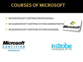  MCP(MICROSOFT CERTIFIED PROFESSIONAL)
 MCSA(MICROSOFT CERTIFIED SYSTEM ADMINISTRATOR)
 MCSE(MICROSOFT CERTIFIED SYSTEM ENGINEER)
 