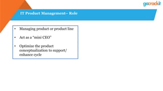 IT Product Management– Role
• Managing product or product line
• Act as a “mini CEO”
• Optimize the product
conceptualization to support/
enhance cycle
 