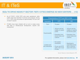 Source: Nasscom, Aranca Research, STPI
As of FY2011, 6,554 STPI units were operational, while
5,564 units have exported IT services and products. During
FY11, STPI units accounted for approximately 76.0 per cent
of total IT exports
IT-SEZs have been initiated with an aim to create zones
that lead to infrastructural development, exports and
employment
Characteristics of STPI and SEZ in India
Parameters STPI SEZ
Term 10 years 15 years
Fiscal benefits
• 100 per cent tax
holiday on export
profits
• Exemption from
excise duties and
customs
• 100 per cent tax
holiday on exports
for first five years
• Exemption from
excise duties and
customs
Location and
size restrictions
• No location
constraints
• 23 per cent STPI
units in tier II and
III cities
• Restricted to
prescribed zones
with a minimum
area of 25 acres
 