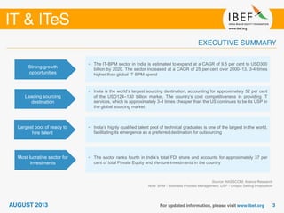 Source: NASSCOM; Aranca Research
Note: BPM - Business Process Management, USP - Unique Selling Proposition
Strong growth
opportunities
• The IT-BPM sector in India is estimated to expand at a CAGR of 9.5 per cent to USD300
billion by 2020. The sector increased at a CAGR of 25 per cent over 2000–13, 3-4 times
higher than global IT-BPM spend
Leading sourcing
destination
• India is the world’s largest sourcing destination, accounting for approximately 52 per cent
of the USD124–130 billion market. The country’s cost competitiveness in providing IT
services, which is approximately 3-4 times cheaper than the US continues to be its USP in
the global sourcing market
Largest pool of ready to
hire talent
• India’s highly qualified talent pool of technical graduates is one of the largest in the world,
facilitating its emergence as a preferred destination for outsourcing
Most lucrative sector for
investments
• The sector ranks fourth in India’s total FDI share and accounts for approximately 37 per
cent of total Private Equity and Venture investments in the country
 