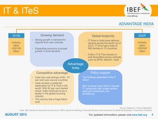 • The engineering sector is delicensed;
100 per cent FDI is allowed in the
sector
• Due to policy support, there was
cumulative FDI of USD14.0 billion into
the sector over April 2000 – February
2012, making up 8.6 per cent of total
FDI into the country in that period
Growing demand
Source: Nasscom, Aranca Research
Note: SEZ stands for Special Economic Zone, BFSI stands for Banking, Financial Services and Insurance; E stands for Estimate, F stands for Forecast
Growing demand
• Strong growth in demand for
exports from new verticals
• Expanding economy to propel
growth in local demand
Global footprints
• IT firms in India have delivery
centres across the world; as of
2012, IT firms had a total of
580 centres in 75 countries
• India’s IT & ITes industry is
well diversified across verticals
such as BFSI, telecom, retail
Policy support
• Tax holidays extended to the IT
sector
• SEZ scheme since 2005 to benefit
IT companies with single window
approval mechanism, tax
benefits,etc
Competitive advantage
• India has cost savings of 60– 70
per cent over source countries
• India remains a preferred
destination for IT & ITeS in the
world. With 52 per cent market
share, India continues to be a
leader in the global sourcing
industry
• The country has a huge talent
pool
2013E
Industry
value:
USD108
billion
2020F
Industry
value:
USD300
billion
Advantage
India
 