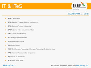 APAC: Asia Pacific
BFSI: Banking, Financial Services and Insurance
BPM: Business Process Outsourcing
CAGR: Compounded Annual Growth Rate
C&U: Construction & Utilities
FDI: Foreign Direct Investment
GOI: Government of India
INR: Indian Rupee
IT&ITeS: Information Technology-Information Technology Enabled Services
NAC: Nasscom Assessment of Competence
RoI: Return on Investment
ROW: Rest Of the World
 