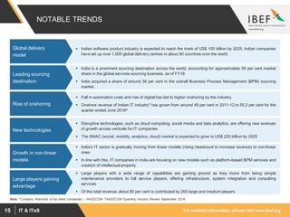 For updated information, please visit www.ibef.orgIT & ITeS15
NOTABLE TRENDS
 Indian software product industry is expected to reach the mark of US$ 100 billion by 2025. Indian companies
have set up over 1,000 global delivery centres in about 80 countries over the world.
Global delivery
model
 India is a prominent sourcing destination across the world, accounting for approximately 55 per cent market
share in the global services sourcing business, as of FY18.
 India acquired a share of around 38 per cent in the overall Business Process Management (BPM) sourcing
market.
Leading sourcing
destination
 Fall in automation costs and rise of digital has led to higher onshoring by the industry.
 Onshore revenue of Indian IT industry* has grown from around 48 per cent in 2011-12 to 55.2 per cent for the
quarter ended June 2018^.
Rise of onshoring
 Disruptive technologies, such as cloud computing, social media and data analytics, are offering new avenues
of growth across verticals for IT companies
 The SMAC (social, mobility, analytics, cloud) market is expected to grow to US$ 225 billion by 2020
New technologies
 India’s IT sector is gradually moving from linear models (rising headcount to increase revenue) to non-linear
ones
 In line with this, IT companies in India are focusing on new models such as platform-based BPM services and
creation of intellectual property
Growth in non-linear
models
 Large players with a wide range of capabilities are gaining ground as they move from being simple
maintenance providers to full service players, offering infrastructure, system integration and consulting
services
 Of the total revenue, about 80 per cent is contributed by 200 large and medium players
Large players gaining
advantage
Note: *Company financials of top listed companies – NASSCOM, ^NASSCOM Quarterly Industry Review September 2018
 