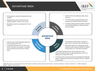 For updated information, please visit www.ibef.orgIT & ITeS5
ADVANTAGE INDIA
 Strong growth in demand for exports from new
verticals.
 Rapidly growing urban infrastructure has
fostered several IT centres in the country.
 Expanding economy to propel growth in local
demand.
 Indian IT firms have delivery centres across
the world.
 IT & ITeS industry is well diversified across
verticals such as BFSI, telecom and retail.
 Increasing strategic alliance between domestic
and international players to deliver solutions
across the globe.
 India has a low-cost advantage by being 5-6
times inexpensive than US.
 A preferred destination for IT & ITeS in the
world; continues to be a leader in the global
sourcing industry with 55 per cent market
share.
 Tax exemption of three years in a block of
seven years to start-ups under ‘Startup India’.
 More liberal system for raising global capital,
funding for seed capital and growth and ease of
doing business, etc. have been addressed.
ADVANTAGE
INDIA
Note: SEZ stands for Special Economic Zone, BFSI stands for Banking, Financial Services and Insurance, E stands for Estimate, F stands for Forecast, AI* - Artificial Intelligence
Source : Nasscom, News sources
 In the Interim Budget 2019-20, the Government of India
announced plans to launch a national programme on AI* and
setting up of a National AI* portal.
 In February 2019, the Government of India released the National
Policy on Software Products 2019 to develop India as a software
product nation
 