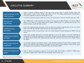 For updated information, please visit www.ibef.orgIT & ITeS3
EXECUTIVE SUMMARY
 The IT-BPM sector in India expanded at a CAGR of 10.71 per cent to US$ 167 billion in FY18 from US$ 74
billion in FY10, which is 3–4 times higher than the global IT-BPM growth. It is estimated that the size of the
industry will grow to US$ 350 billion by 2025.
Strong growth
opportunities
 India is the leading sourcing destination across the world, accounting for approximately 55 per cent market
share of the US$ 185-190 billion global services sourcing business in 2017-18.
 India acquired a share of around 38 per cent in the overall Business Process Management (BPM) sourcing
market.
Leading sourcing
destination
 India’s highly qualified talent pool of technical graduates is one of the largest in the world, facilitating its
emergence as a preferred destination for outsourcing, computer science/information technology accounts for
the biggest chunk of India' fresh engineering talent pool, with more than 98 per cent of the colleges offering
this stream.
Largest pool of ready to
hire talent
 The computer software and hardware sector in India attracted cumulative Foreign Direct Investment (FDI)
inflows worth US$ 32.23 billion between April 2000 and June 2018 and ranks second in inflow of FDI, as per
data released by the Department of Industrial Policy and Promotion (DIPP).
Most lucrative sector for
investments
 Indian IT exports are projected to grow at 7-9 per cent to US$ 135-137 billion in 2018-19. IT-BPM sector
accounts for largest share in total Indian services export, which is 45 per cent.
Export and employment
growth
Source: NASSCOM, DIPP, Aranca Research
Note: BPM – Business Process Management
 India’s IT industry contributed around 7.7 per cent to the country’s GDP. IT industry employs nearly 3.97
million people in India of which 105,000 were added in FY18. The industry added around 1,05,000 jobs in
FY18 and is expected to add over 100,000 jobs in FY19.
 IT industry is fueling the growth of start-ups in India, with the presence of around 5,300 tech start-ups in India.
Large contribution to the
Indian economy
 