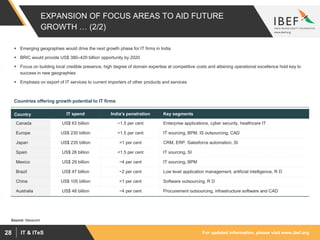 For updated information, please visit www.ibef.orgIT & ITeS28
EXPANSION OF FOCUS AREAS TO AID FUTURE
GROWTH … (2/2)
 Emerging geographies would drive the next growth phase for IT firms in India
 BRIC would provide US$ 380–420 billion opportunity by 2020
 Focus on building local credible presence, high degree of domain expertise at competitive costs and attaining operational excellence hold key to
success in new geographies
 Emphasis on export of IT services to current importers of other products and services
Country IT spend India’s penetration Key segments
Canada US$ 63 billion ~1.5 per cent Enterprise applications, cyber security, healthcare IT
Europe US$ 230 billion <1.5 per cent IT sourcing, BPM, IS outsourcing, CAD
Japan US$ 235 billion <1 per cent CRM, ERP, Salesforce automation, SI
Spain US$ 26 billion <1.5 per cent IT sourcing, SI
Mexico US$ 29 billion ~4 per cent IT sourcing, BPM
Brazil US$ 47 billion ~2 per cent Low level application management, artificial intelligence, R D
China US$ 105 billion <1 per cent Software outsourcing, R D
Australia US$ 48 billion ~4 per cent Procurement outsourcing, infrastructure software and CAD
Countries offering growth potential to IT firms
Source: Nasscom
 