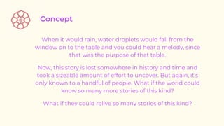 When it would rain, water droplets would fall from the
window on to the table and you could hear a melody, since
that was the purpose of that table.
Now, this story is lost somewhere in history and time and
took a sizeable amount of effort to uncover. But again, it’s
only known to a handful of people. What if the world could
know so many more stories of this kind?
What if they could relive so many stories of this kind?
 