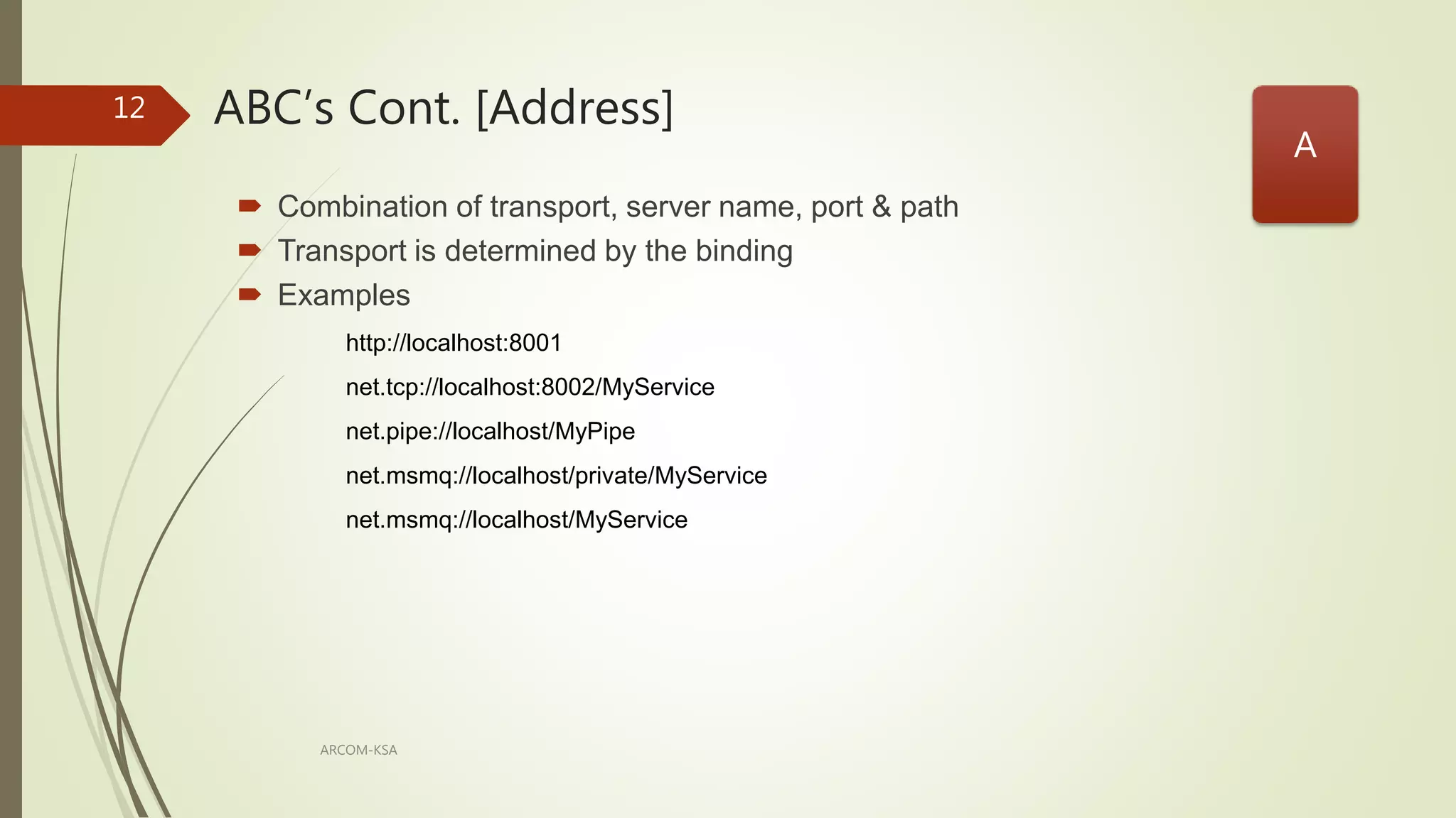 ABC’s Cont. [Address]
ARCOM-KSA
12
 Combination of transport, server name, port & path
 Transport is determined by the binding
 Examples
http://localhost:8001
net.tcp://localhost:8002/MyService
net.pipe://localhost/MyPipe
net.msmq://localhost/private/MyService
net.msmq://localhost/MyService
A
 