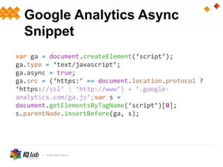 Google Analytics Async
  Snippet
var ga = document.createElement(‘script’);
ga.type = ‘text/javascript’;
ga.async = true;
ga.src = (‘https:’ == document.location.protocol ?
‘https://ssl’ : ‘http://www’) + ‘.google-
analytics.com/ga.js’;var s =
document.getElementsByTagName(‘script’)[0];
s.parentNode.insertBefore(ga, s);
 