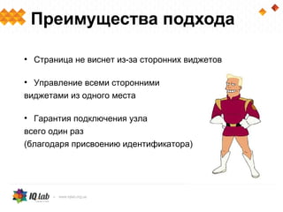 Преимущества подхода

• Страница не виснет из-за сторонних виджетов

• Управление всеми сторонними
виджетами из одного места

• Гарантия подключения узла
всего один раз
(благодаря присвоению идентификатора)
 