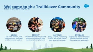Welcome to the Trailblazer CommunityLet’s succeed together
LEARN
Get help, answers, and
inspiration from your peers
and Community Leaders.
CONNECT
Meet Trailblazers like you and
discover opportunities from
mentorship to employment.
HAVE FUN
Enjoy a warm, welcoming
culture and make friends
from around the world.
GIVE BACK
Inspire and mentor the next
generation while building
your skills and reputation.
 