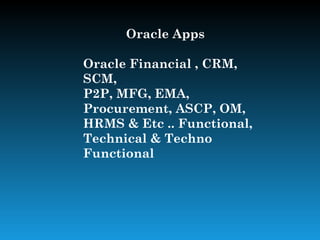 Oracle Apps

Oracle Financial , CRM,
SCM,
P2P, MFG, EMA,
Procurement, ASCP, OM,
HRMS & Etc .. Functional,
Technical & Techno
Functional
 
