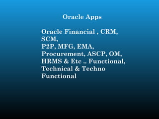 Oracle Apps

Oracle Financial , CRM,
SCM,
P2P, MFG, EMA,
Procurement, ASCP, OM,
HRMS & Etc .. Functional,
Technical & Techno
Functional
 