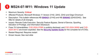Copyright © 2024 Ivanti. All rights reserved. 18
MS24-07-W11: Windows 11 Update
§ Maximum Severity: Critical
§ Affected Products: Microsoft Windows 11 Version 21H2, 22H2, 23H2 and Edge Chromium
§ Description: This bulletin references KB 5040431 (21H2) and KB 5040442 (22H2/23H2). See
KBs for details of all changes.
§ Impact: Remote Code Execution, Security Feature Bypass, Denial of Service, Spoofing,
Elevation of Privilege, and Information Disclosure
§ Fixes 74 Vulnerabilities: CVE-2024-37985 is publicly disclosed, and CVE-2024-38080 and CVE-
2024-38112 are known exploited. See the Security Update Guide for the complete list of CVEs.
§ Restart Required: Requires restart
§ Known Issues: See next slide
1
 