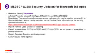 Copyright © 2024 Ivanti. All rights reserved. 26
§ Maximum Severity: Important
§ Affected Products: Microsoft 365 Apps, Office 2019, and Office LTSC 2021
§ Description: This security update resolves remote code execution and a spoofing vulnerability in
Microsoft Outlook. Neither can be exploited via the Preview Pane. Information on the security
updates is available at
https://docs.microsoft.com/en-us/officeupdates/microsoft365-apps-security-updates.
§ Impact: Remote Code Execution, Spoofing
§ Fixes 2 Vulnerabilities: CVE-2024-38020 and CVE-2024-38021 are not known to be exploited or
publicly disclosed.
§ Restart Required: Requires application restart
§ Known Issues: None reported
MS24-07-O365: Security Updates for Microsoft 365 Apps
1
2
 